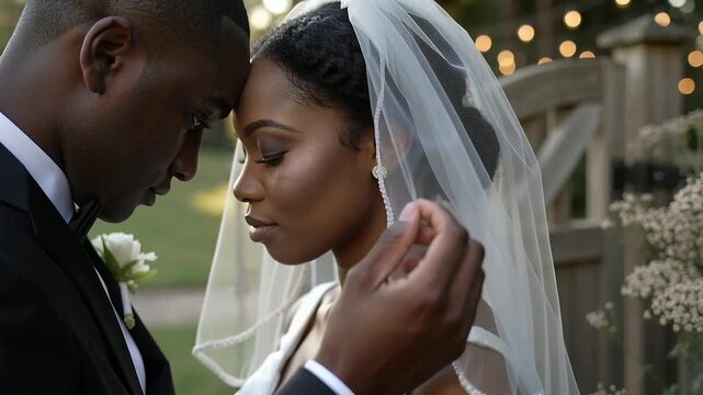 Leaning groom in tuxedo reaching up, adjusting beaded veil to reveal stud earring at garden