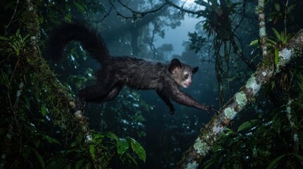 Fototapeta premium An aye-aye leaping between mossy branches in a dark, lush tropical rainforest at night time