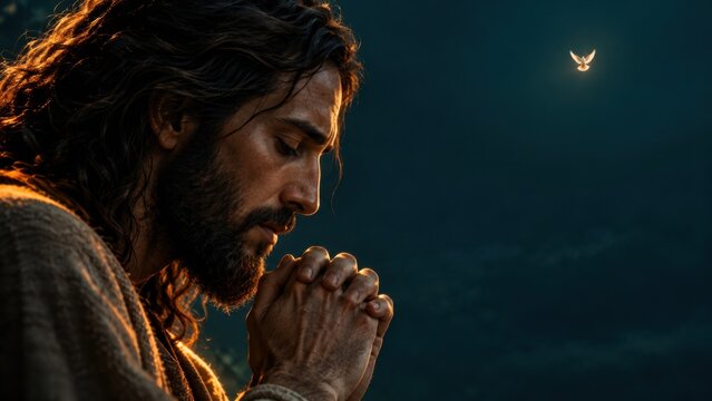Jesus Christ praying with a dove symbolizing the Holy Spirit. Biblical faith and Christian devotion. Prayer, spirituality and divine guidance. Religious illustration with copy space.