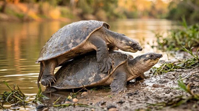 two pig nosed turtles during mating season near a river close up at golden light in fly river papua new guinea video