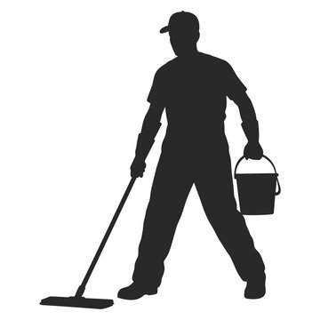 Janitor mopping floor with bucket silhouette style