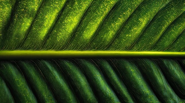 Close-up of a vibrant green leaf, revealing intricate textures and veins, with light illuminating the surface