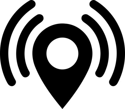 Location pin with radiating signal waves indicating connectivity and network reach isolated on transparent background