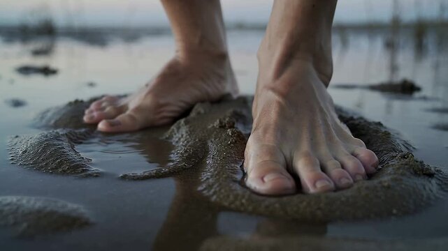 Shifting weight barefoot subject testing balance, rolling toes, lifting foot on mudflat