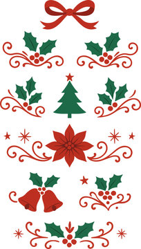 Set of christmas decorative elements with holly leaves and festive icons