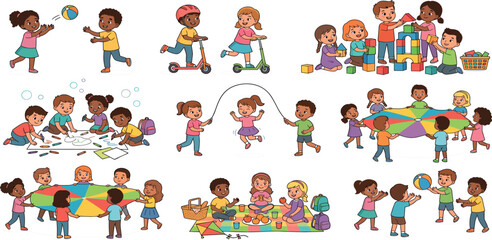 Fototapeta premium Cute diverse children playing outdoor games drawing building blocks jump rope and picnic vector illustration