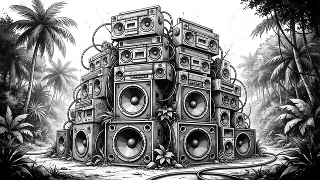 Boomboxes are stacked high in the middle of a tropical jungle.