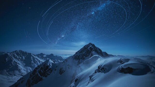 Timelapse camera capturing central snowy peak on ridge, exposure starting and capturing star arcs