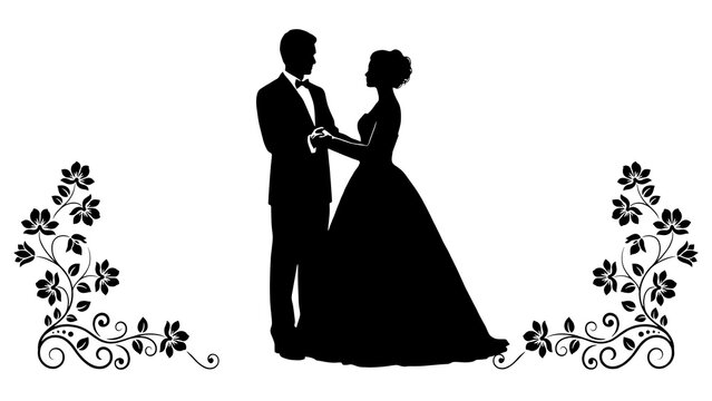 Bride and groom silhouette stands proudly beside decorative floral corners.