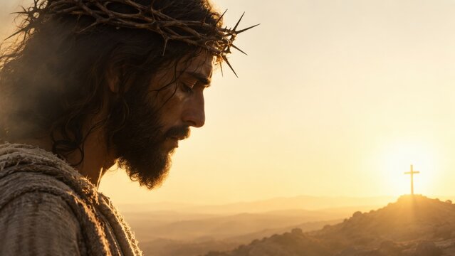 Jesus Christ wearing a crown of thorns beside a cross on Golgotha. Crucifixion and Passion of Christ. Christian faith and sacrifice. Holy Week devotion. Biblical faith and salvation.