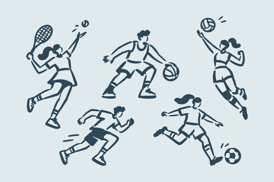 Athletes Playing Sports Hand Drawn Doodle Set
