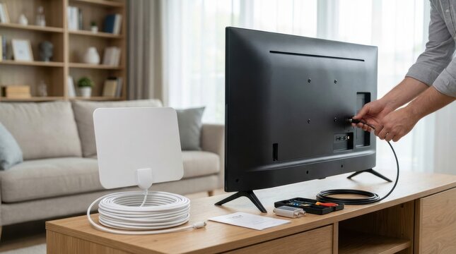 indoor digital tv antenna installation Person installing or adjusting an antenna connected to a television in a living room.
