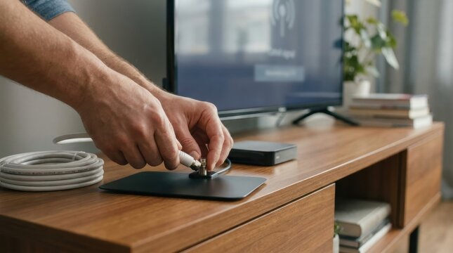indoor digital tv antenna installation Person connecting coaxial cable to TV set on wooden media console