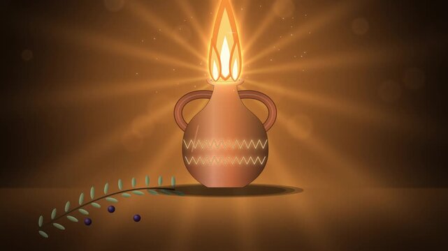 Hanukkah clay oil jug with rising flame on amber background