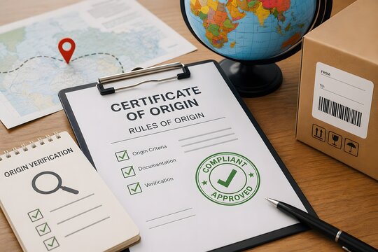Certificate of origin with map and package for the concept of international trade and logistics.