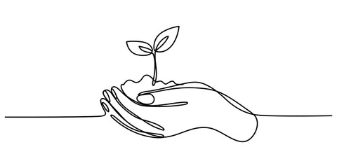 Continuous single line drawing of human hands holding a small green plant seedling for nature conservation and environmental protection concept isolated on transparent background © Coloring Pages Line 