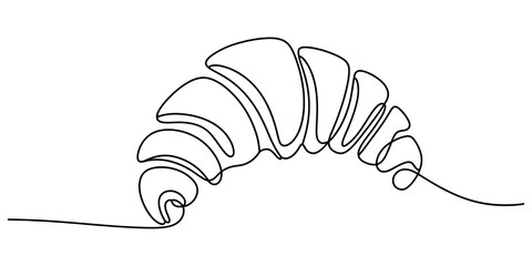 Continuous single line drawing of a fresh flaky croissant pastry snack for bakery menu logo design isolated on transparent background © Coloring Pages Line 