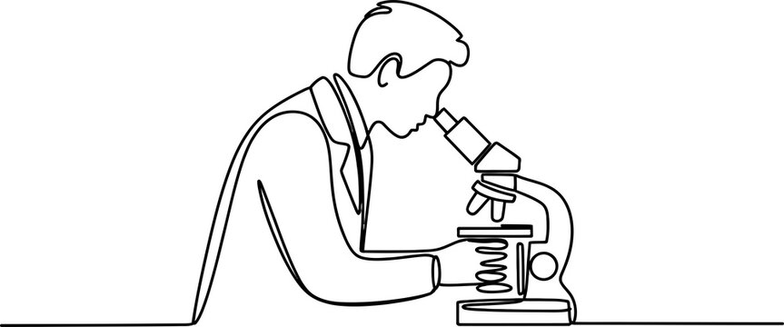 Scientist looking through a microscope in a laboratory drawn in a simple continuous line art style isolated on transparent background