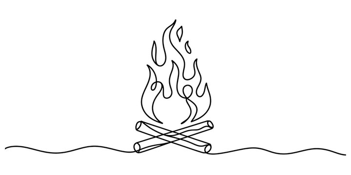 Continuous single line drawing of a campfire with burning logs and flames in a minimalist artistic style for creative camping and outdoor design projects isolated on transparent background