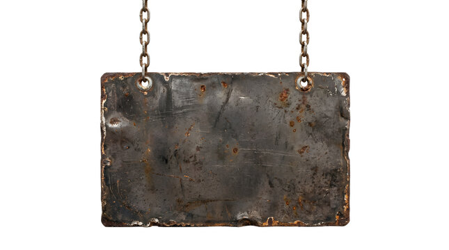 A rusty metal sign hanging from chains.
