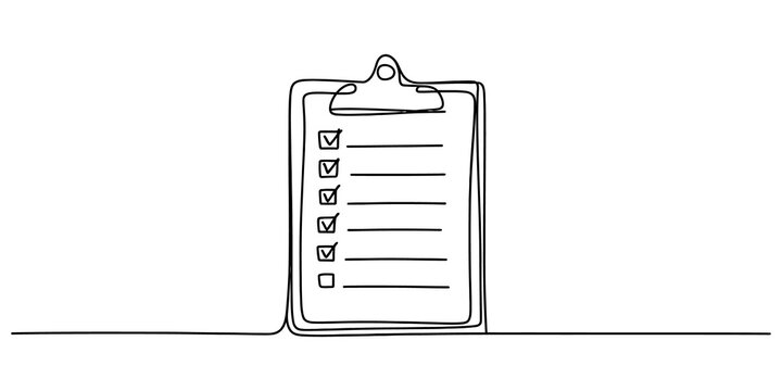A continuous single line drawing of a clipboard with a completed checklist document showing check marks on a paper form for business tasks and planning isolated on transparent background