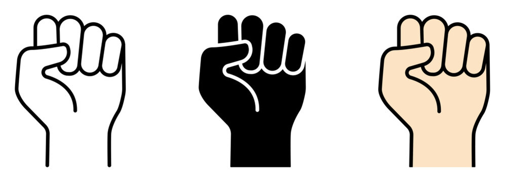 Raised fist hand icon set for strength, power, solidarity, protest, unity, activism, freedom, and social movement designs.
