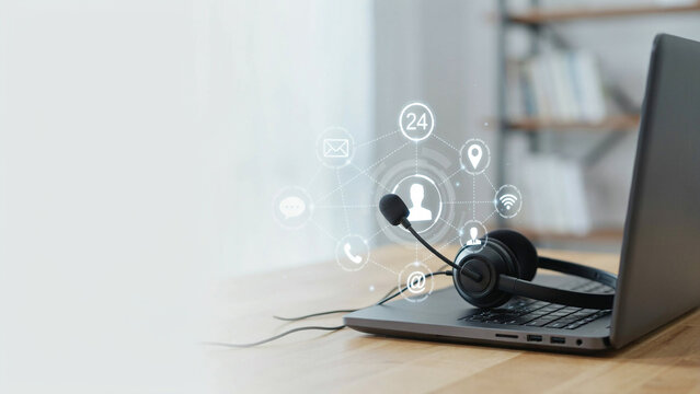Headset on laptop with glowing communication icons representing customer service and digital connection