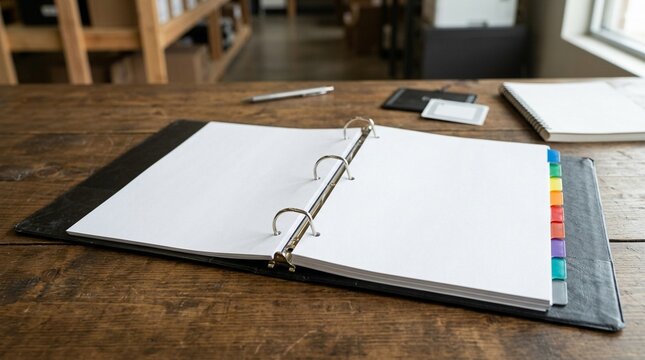 Open RFID inventory reference binder with tabbed pages, inventory management procedures and documentation concept