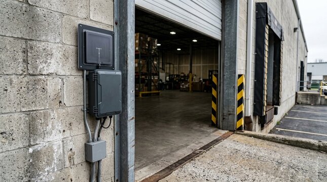 RFID gate reader mounted beside a warehouse dock doorway, automated shipment tracking and supply chain technology