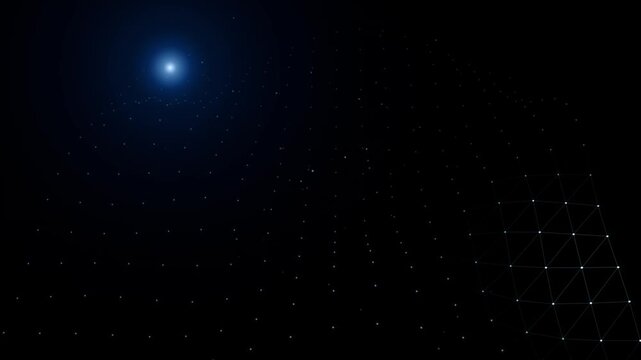 Blue glowing star light with floating particles in dark space