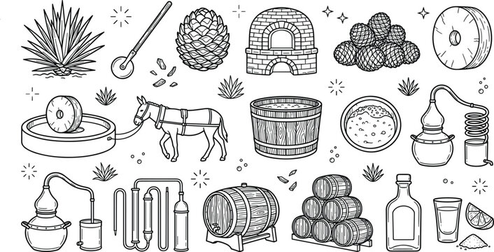 Minimalist black and white traditional tequila production distillery line art vector icon set for Mexican beverage branding packaging design