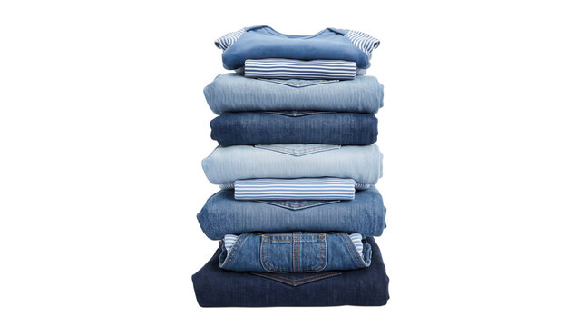 Stack of folded blue denim jeans and baby clothes isolated on transparent background