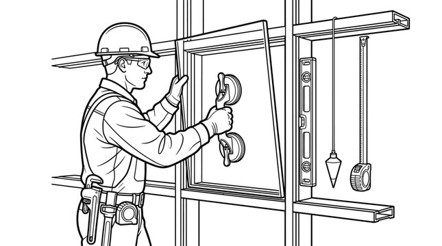 Craftsman utilizing suction lifters and measuring tools to precisely align a glass panel within a building framework structure.