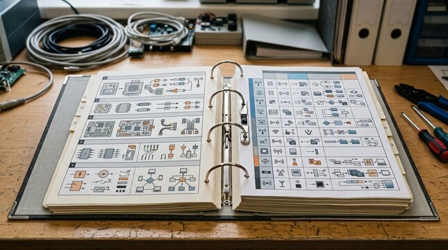 Open RFID reference binder showing a chart, technical documentation and inventory data records concept