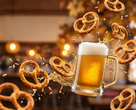 Tilted beer mug surrounded by floating pretzels and golden splashes