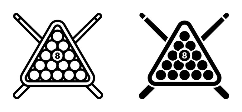 Billiard balls rack icon set with cue sticks for pool game and sports