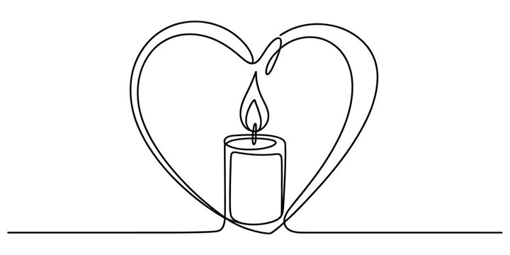 Continuous single line drawing of a burning candle inside a heart shape symbol for love and romance concept art isolated on transparent background