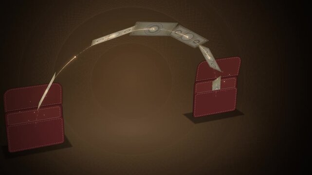 Angled view of red leather wallets passing a banknote on brown