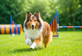 Fototapeta premium Dog agility training, Shetland sheepdog running on grass course with obstacles for pet exercise and active lifestyle in a sunny outdoor park setting