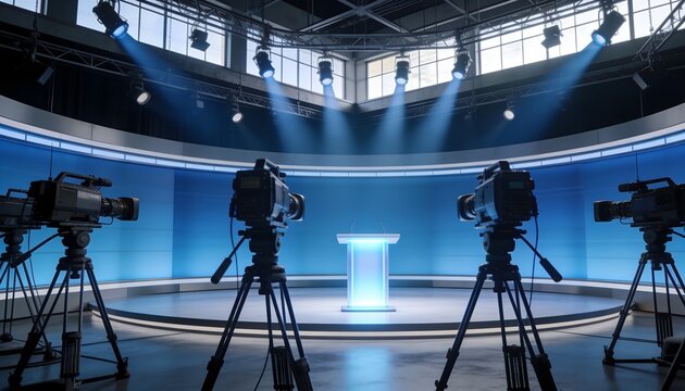Modern television studio set featuring bright blue lighting professional cameras and central debate podium
