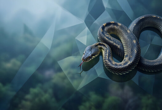 Danger and wildlife conservation, venomous snake with flickering tongue on glass surface with abstract geometric forest background for nature themes