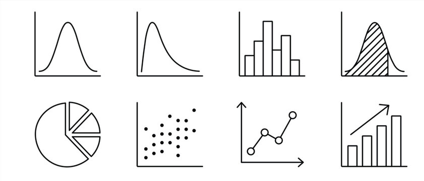 Statistics chart icon set. Bell curve, right skewed curve, histogram bars, hatched curve, pie chart, scatter plot dots, line graph with arrow, bar chart with arrow. Editable stroke