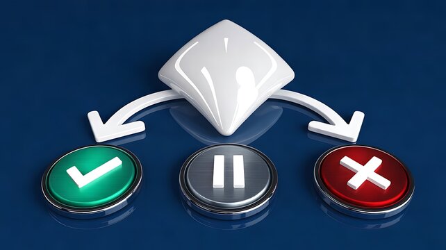 Decision concept with check, pause, and cross buttons representing approval, rejection, choice, and business decision making