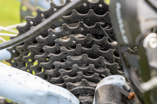 Close-up of bicycle rear cassette with multiple black sprockets