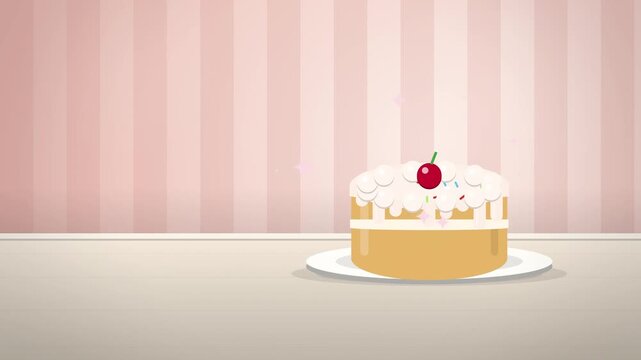 Frosted layer cake with cherry on plate on pastel pink striped wall