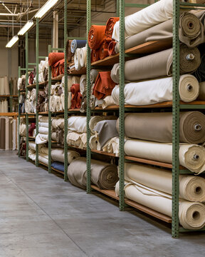 Fabric store aisle with bolts of muslin denim and cotton canvas showcasing organized textile retail operations and shelving