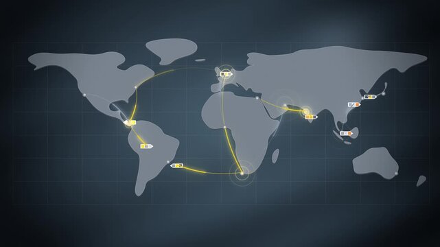 Flat world map with glowing yellow shipping routes between ports