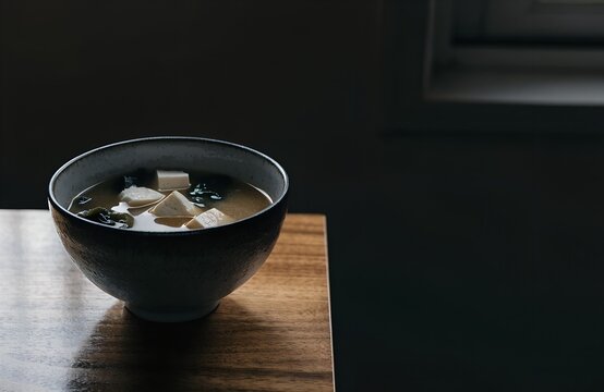 Bowl of miso soup with tofu on a wooden table in dark light with copy space