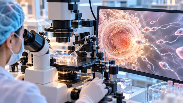 Advanced IVF Laboratory Microscope Observing Human Oocyte and Fertilization Process
