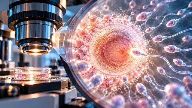 IVF Micromanipulation Microscope with Human Oocyte and Sperm During Fertilization